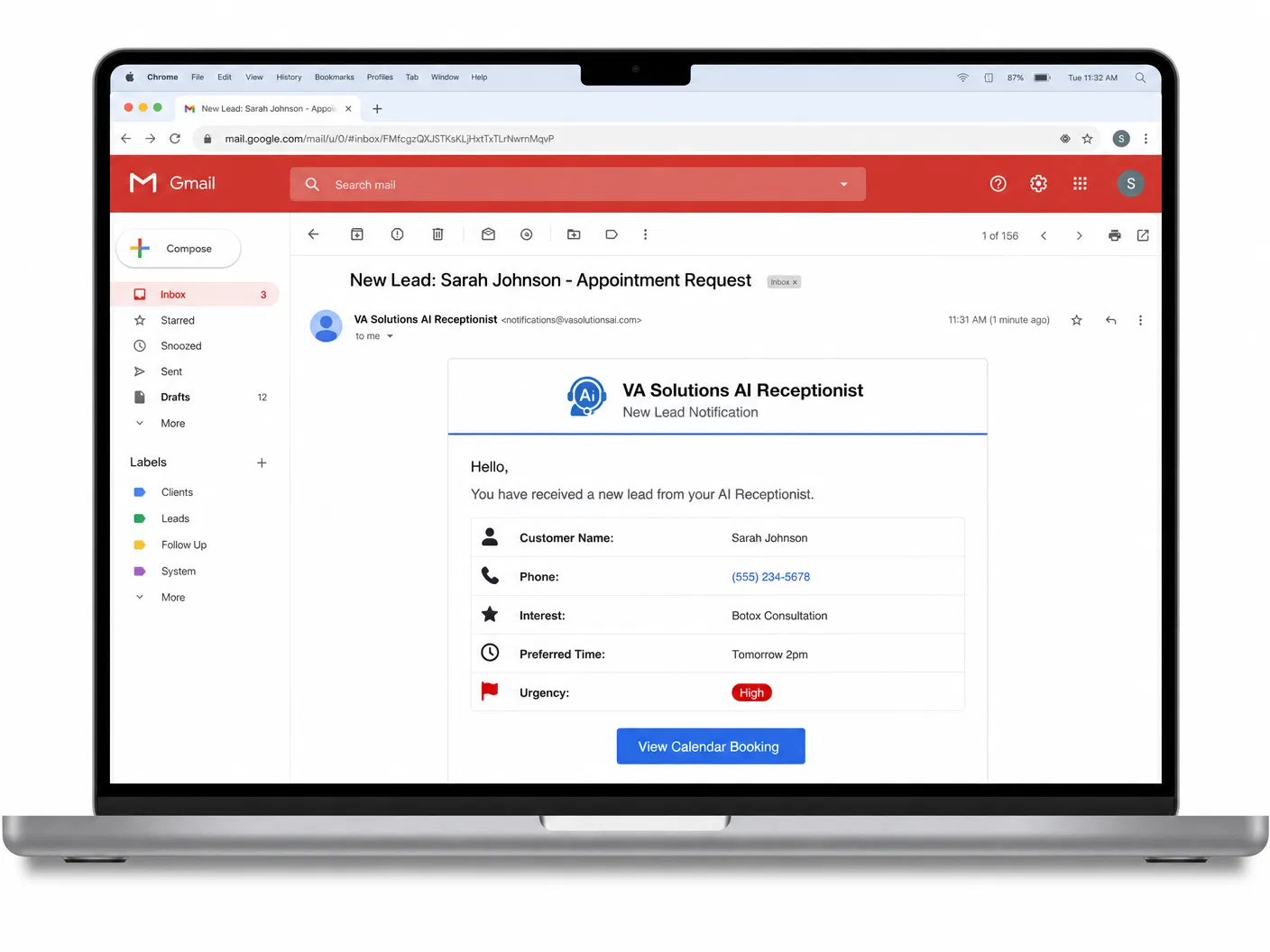 Gmail lead notification example