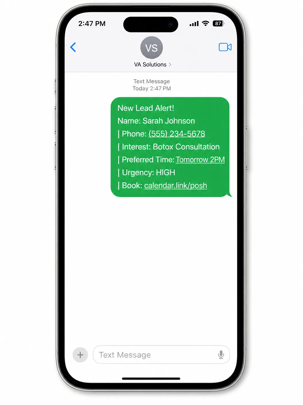 SMS lead alert example